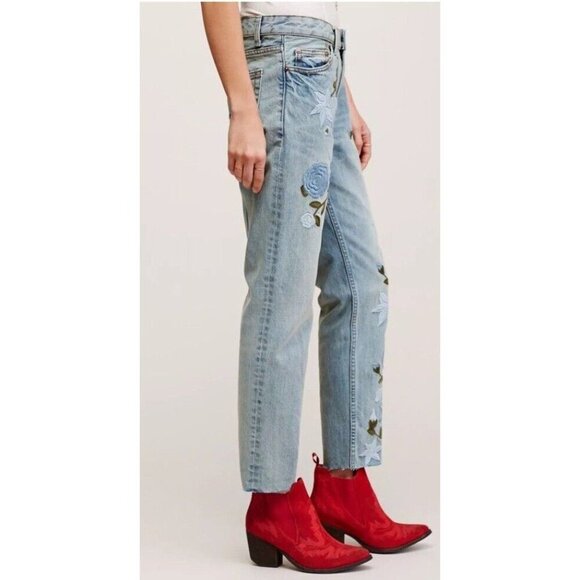 FREE PEOPLE Sz 25 Jeans Floral Embroidered Denim Low Rise Blue Boho Retro Y2K - Picture 3 of 15